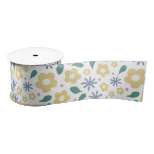 Sketched yellow and blue flowers satin ribbon