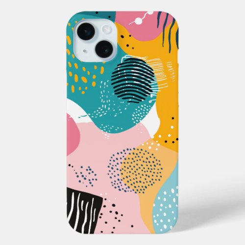 Sketches and doodles on colorful shapes iPhone 15 plus case