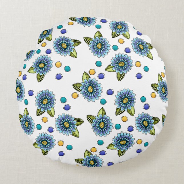 Sketchy Blue Flowers Round Pillow (Front)