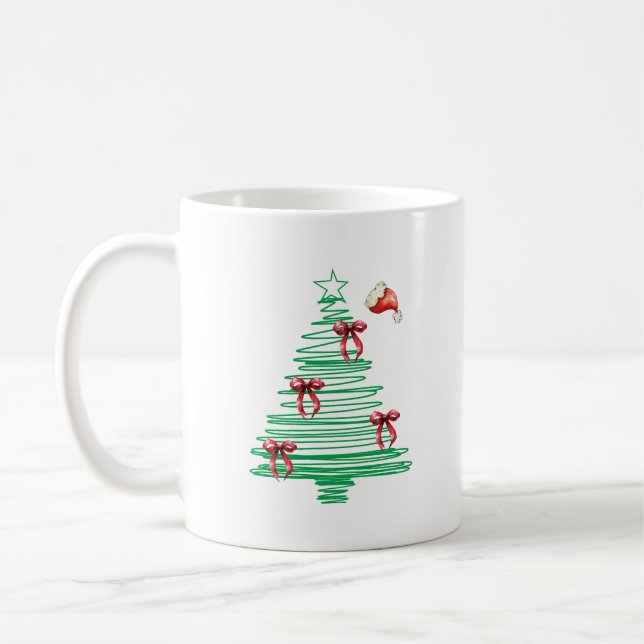 sketchy christmas tree with red bow and santa hat coffee mug (Left)