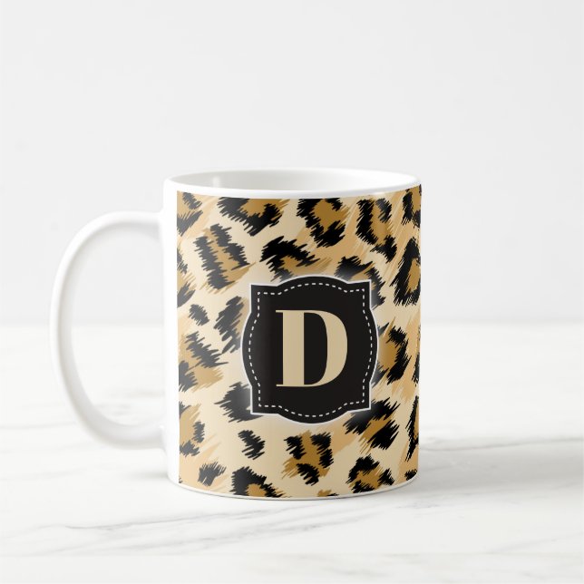 Sketchy Classic Leopard Pattern w/ Custom Monogram Coffee Mug (Left)