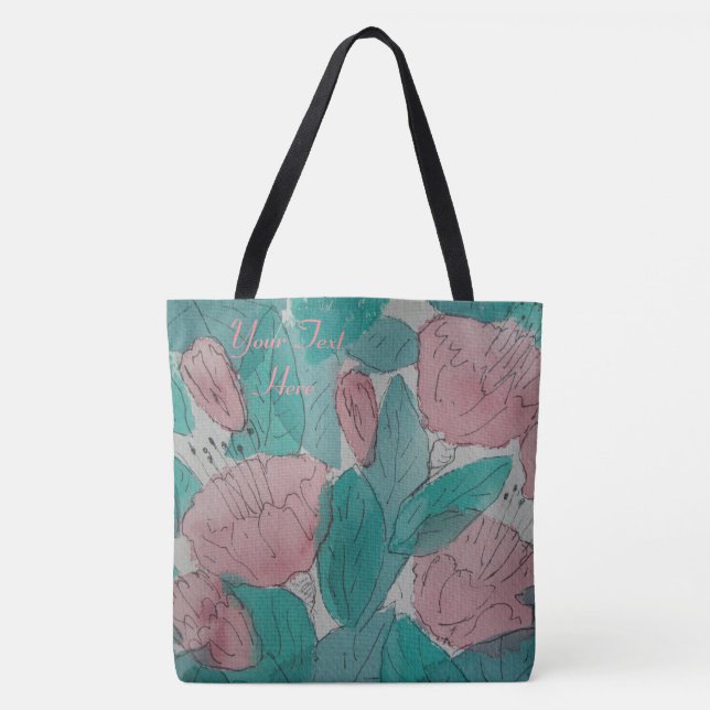 sketchy contempory floral pattern pink and green tote bag (Front)