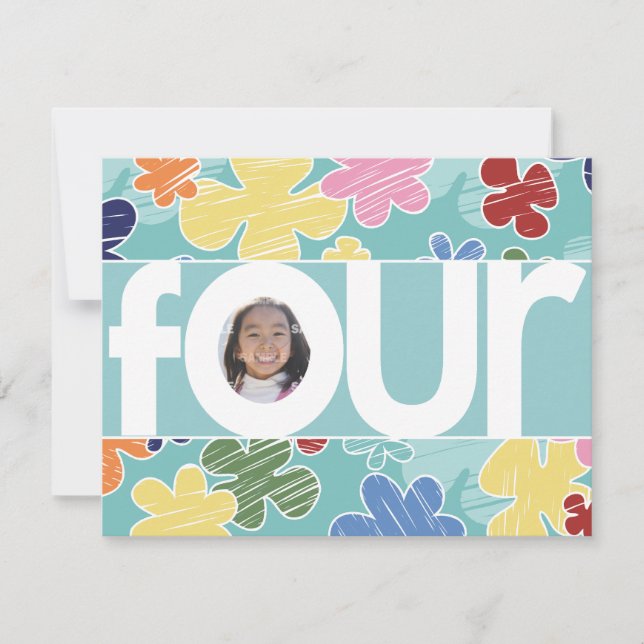 Sketchy Flowers Fourth Birthday Party Teal Invitation (Front)
