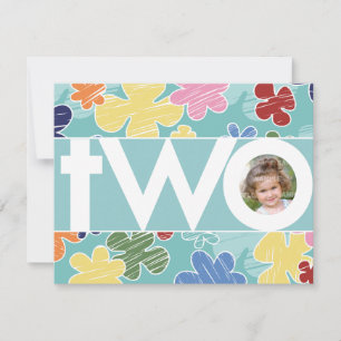 Sketchy Flowers Teal Second Birthday Party Invitation