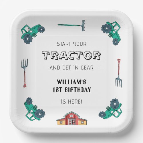 Sketchy Green Tractor Farm Boy Birthday Paper Plates