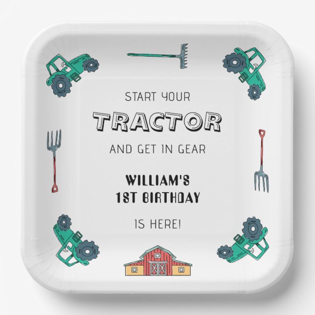 Sketchy Green Tractor Farm Boy Birthday Paper Plates (Front)