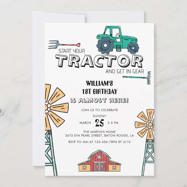 Sketchy Green Tractor Farm Windmill 1st Birthday Invitation (Front)