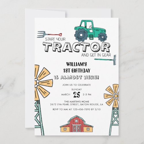 Sketchy Green Tractor Farm Windmill 1st Birthday Invitation