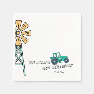 Sketchy Green Tractor Farm Windmill Boy Birthday Napkins