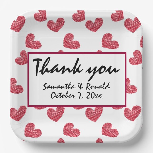 Sketchy Red Heart Wedding Paper Plates (Front)