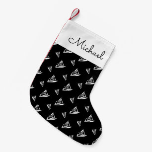 Sketchy Sailboat Pattern   Add Your Name Small Christmas Stocking