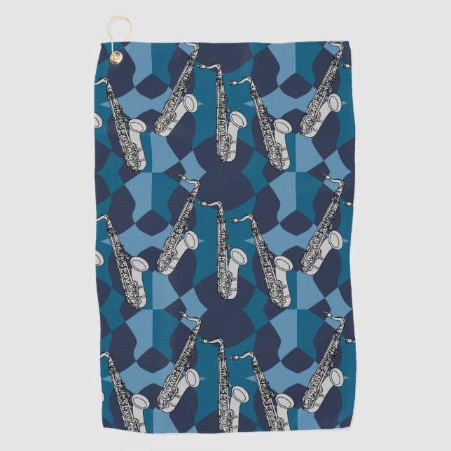 Sketchy Saxophone Gray Pattern Golf Towel (Front)