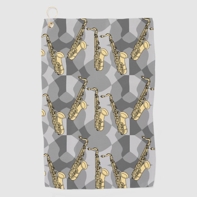 Sketchy Saxophone Gray Pattern Golf Towel (Front)