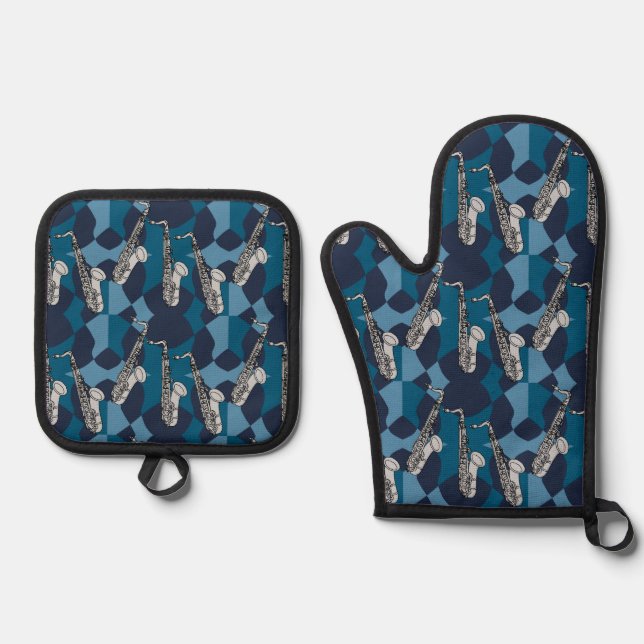 Sketchy Saxophone Gray Pattern Oven Mitt & Pot Holder Set (Front)