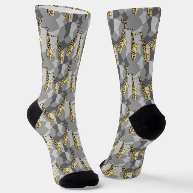 Sketchy Saxophone Gray Pattern Socks (Angled)