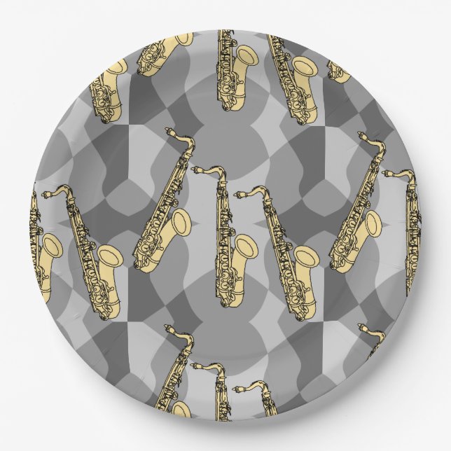 Sketchy Saxophone Grays Paper Plates (Front)