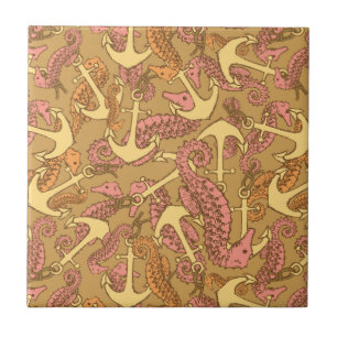 Sketchy Seahorse And Anchor Pattern Ceramic Tile