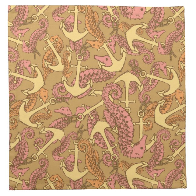 Sketchy Seahorse And Anchor Pattern Cloth Napkin (Front)