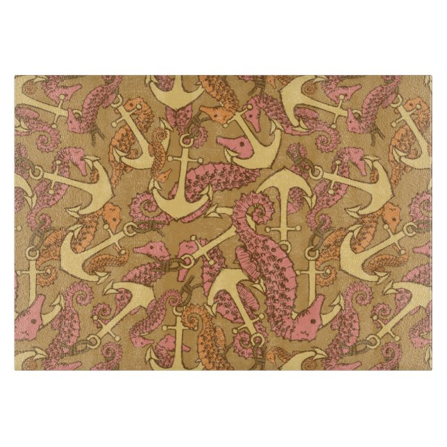 Sketchy Seahorse And Anchor Pattern Cutting Board (Front)