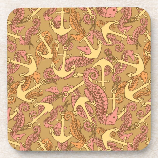 Sketchy Seahorse And Anchor Pattern Drink Coaster (Front)