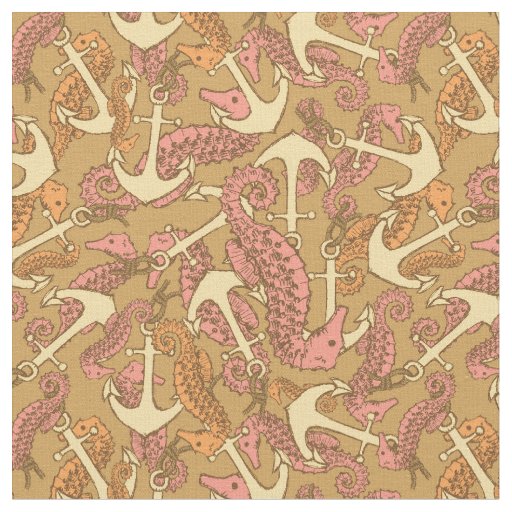 Sketchy Seahorse And Anchor Pattern Fabric