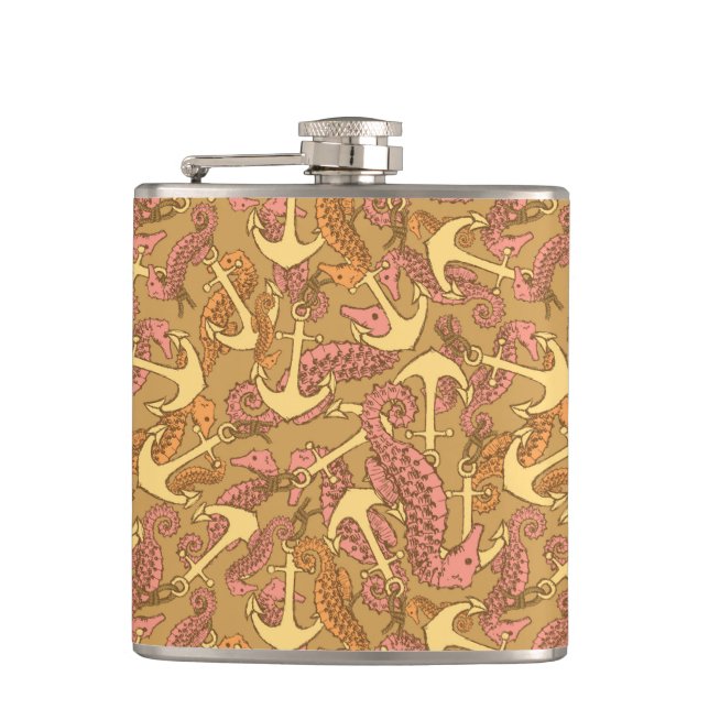 Sketchy Seahorse And Anchor Pattern Flask (Front)