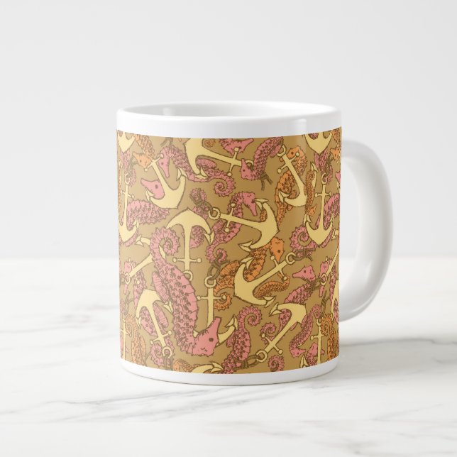 Sketchy Seahorse And Anchor Pattern Giant Coffee Mug (Front Right)