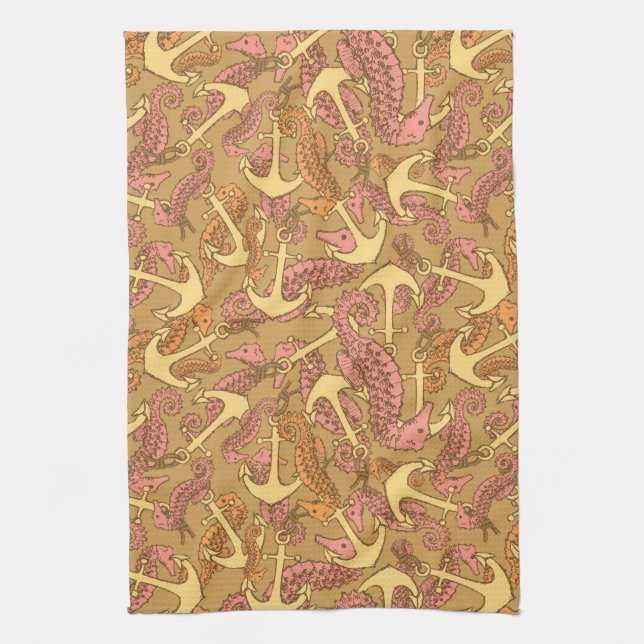 Sketchy Seahorse And Anchor Pattern Kitchen Towel (Vertical)