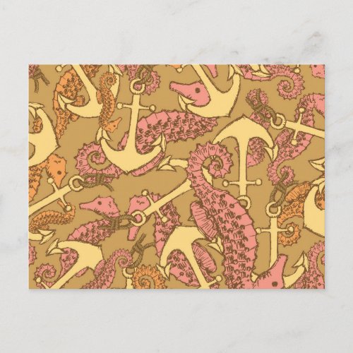 Sketchy Seahorse And Anchor Pattern Postcard