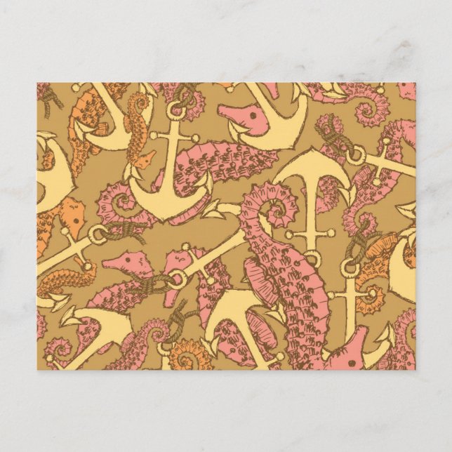 Sketchy Seahorse And Anchor Pattern Postcard (Front)