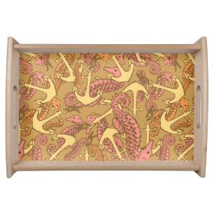 Sketchy Seahorse And Anchor Pattern Serving Tray