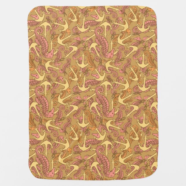 Sketchy Seahorse And Anchor Pattern Swaddle Blanket (Front)