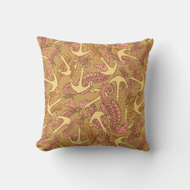 Sketchy Seahorse And Anchor Pattern Throw Pillow (Front)