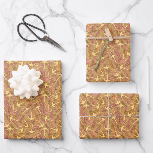 Sketchy Seahorse And Anchor Pattern Wrapping Paper Sheets