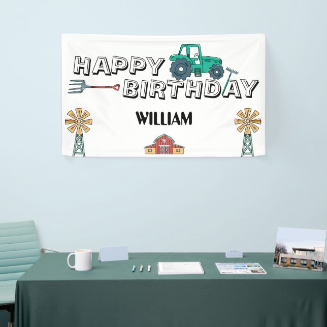 Sketchy Tractor Farm Windmill Boy Happy Birthday Banner (Tradeshow)