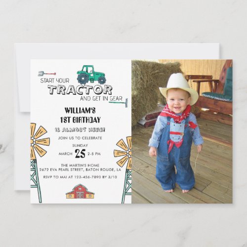 Sketchy Tractor Farm Windmill Photo 1st Birthday  Invitation