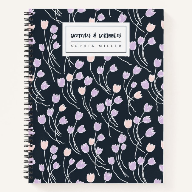 Sketchy Tulips Hand Drawn Floral | Midnight Garden Notebook (Front)