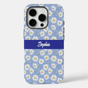 Sketchy White Daisies on Blue iPhone 16 Pro Case