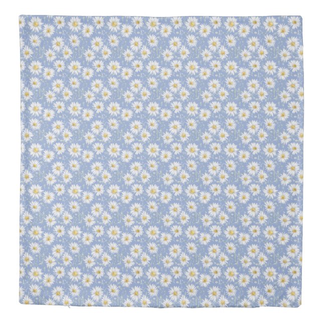 Sketchy White Daisies on Blue Duvet Cover (Back)