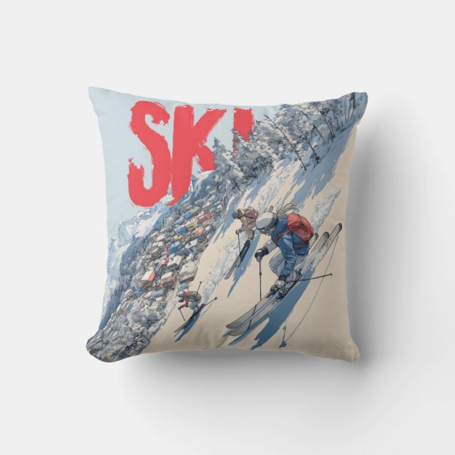 Ski Adventure on Mountain Slope Throw Pillow (Front)