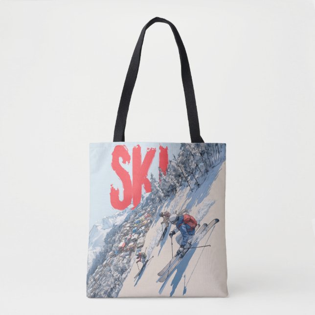Ski Adventure on Mountain Slope Tote Bag (Front)