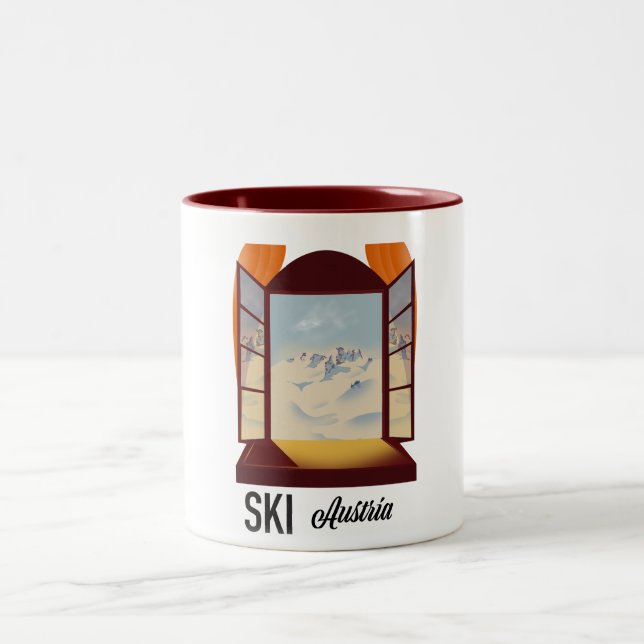 Ski Austria window travel poster. Two-Tone Coffee Mug (Center)
