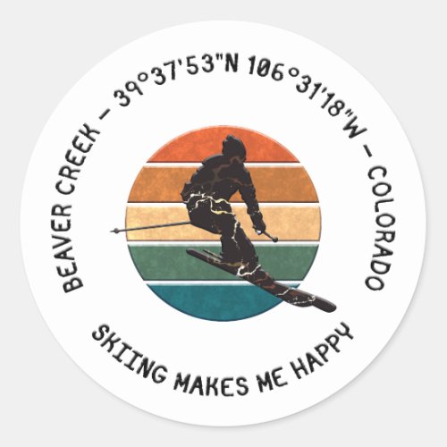 Ski Beaver Creek Colorado _ Man Skier Black Text Classic Round Sticker