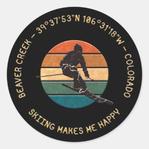Ski Beaver Creek, Colorado - Man Skier Yellow Text Classic Round Sticker