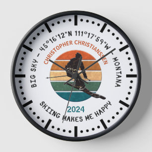 Ski Big Sky, Montana - Man Skier, Black Text Clock