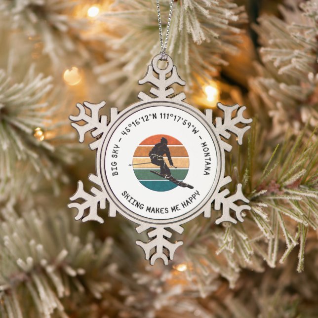Ski Big Sky, Montana - Man Skier, Black Text Snowflake Pewter Christmas Ornament (Tree)