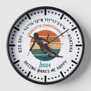 Ski Big Sky, Montana - Woman Skier, Black Text Clock