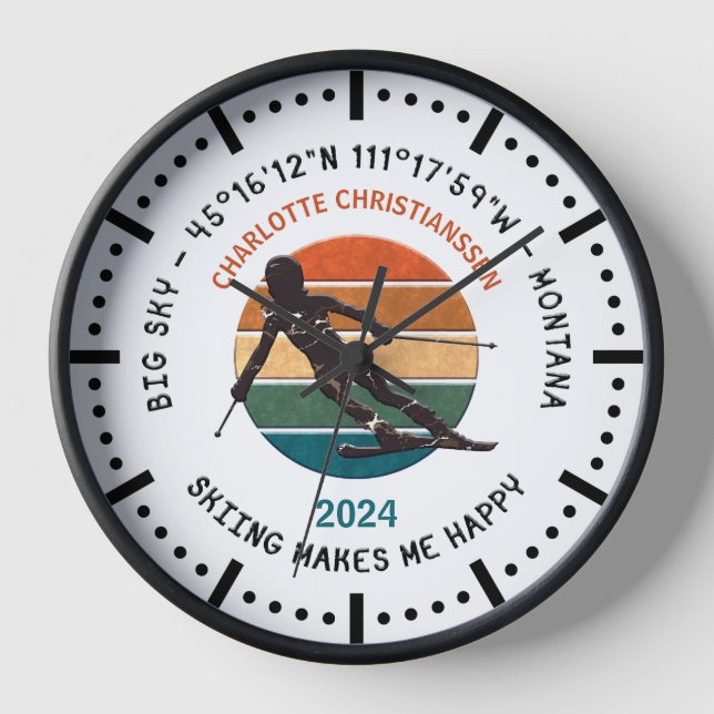 Ski Big Sky, Montana - Woman Skier, Black Text Clock (Front)