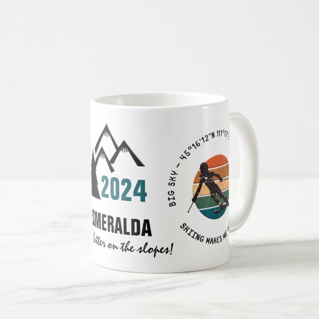 Ski Big Sky, Montana - Woman Skier, Black Text Coffee Mug (Front Right)