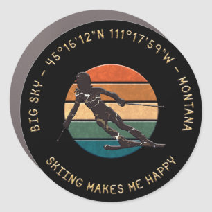 Ski Big Sky, Montana - Woman Skier, Golden Text Car Magnet